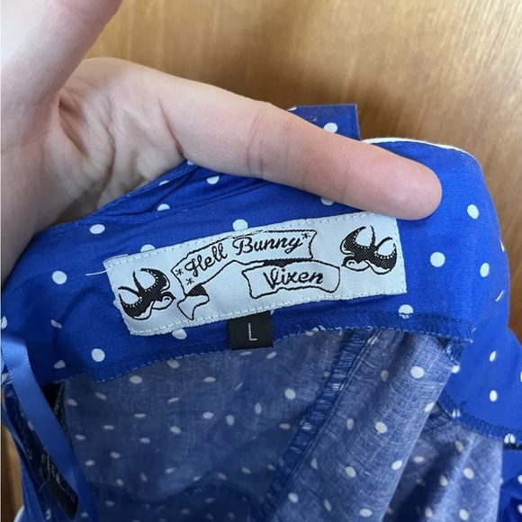 Hell Bunny Vixen Blue White Polka Dot Halter Swing Dress Size Large - Picture 14 of 16